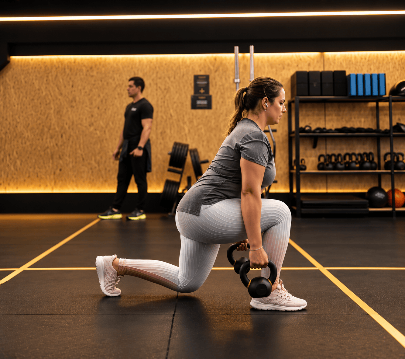 Guilhermina treinando avanço com kettlebell